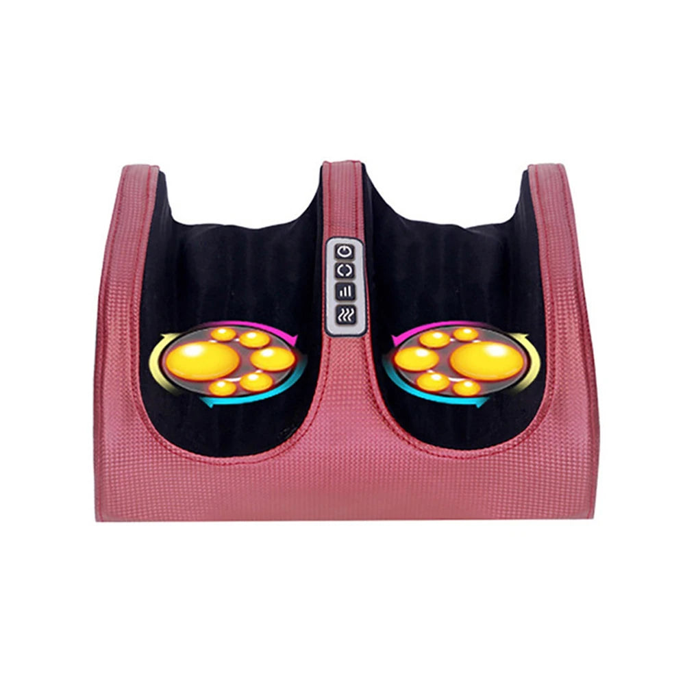 Electric Shiatsu foot massager with heat in use under a desk, showing feet inserted and lights on