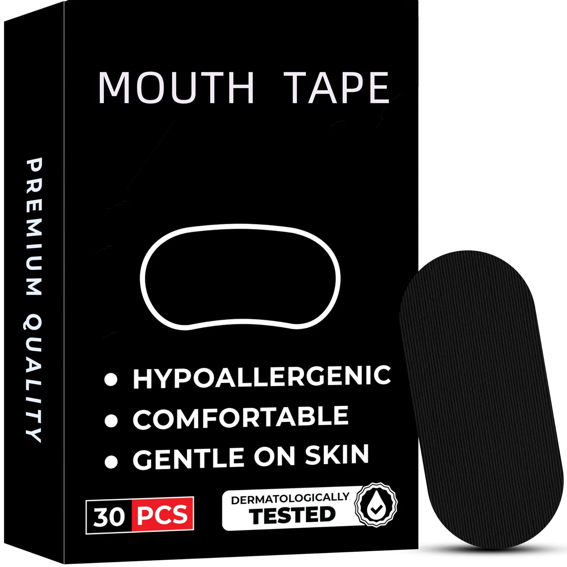 Anti-snoring mouth tape strips laid out with packaging, shown on a nightstand