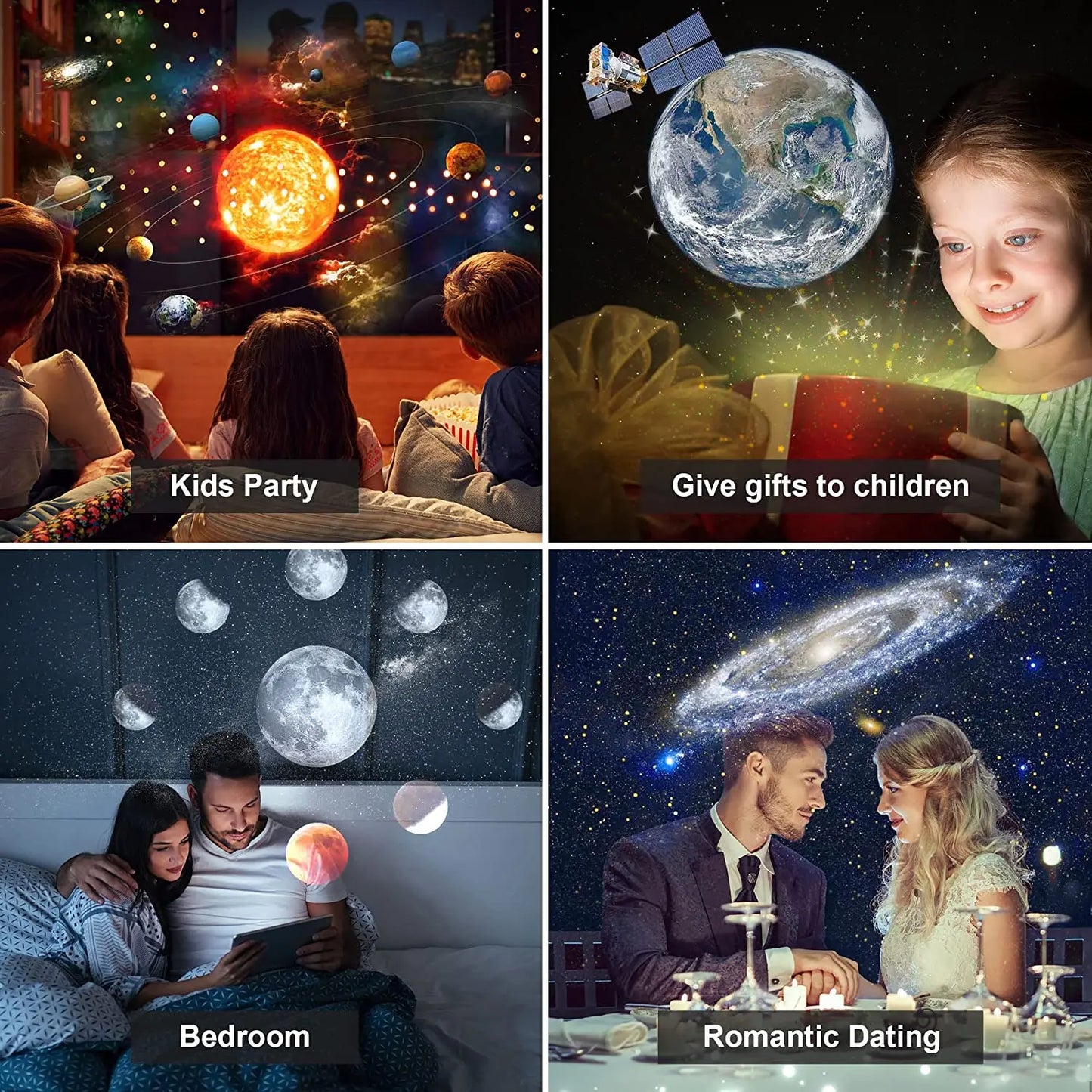 360° rotating galaxy projector casting stars and colors onto ceiling and walls in a dark room