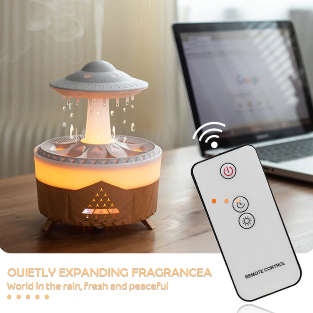 UFO-shaped night light humidifier glowing softly and emitting mist on a bedside table