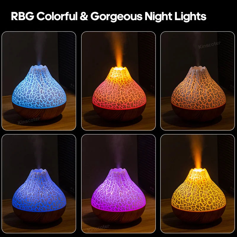 Volcano diffuser with glowing lava-like light and mist on a tabletop