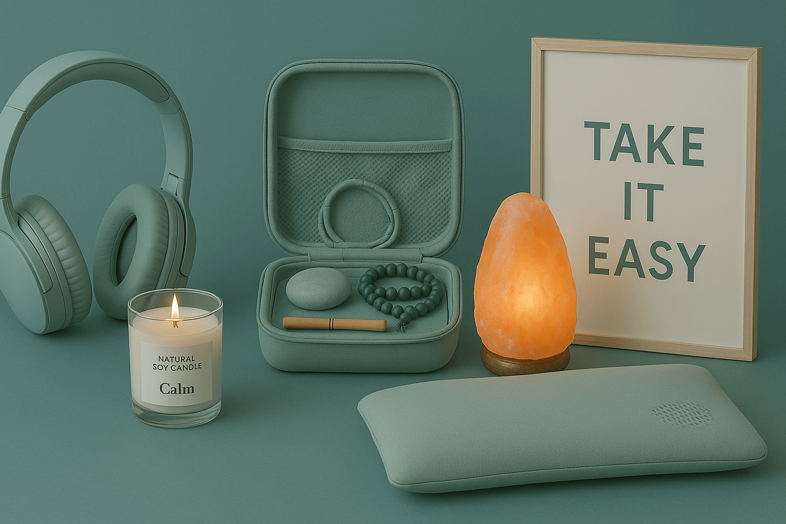 Flat lay of relaxation and wellness accessories in teal tones, including headphones, soy candle, Himalayan salt lamp, eye pillow, and calming self-care kit with beads and incense.