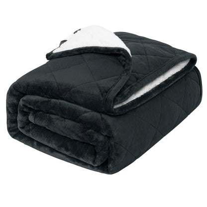 Weighted blanket draped over a bed with soft lighting, creating a cozy and calming atmosphere
