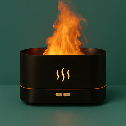 LED flame diffuser releasing mist with a warm, flickering light on a wooden surface
