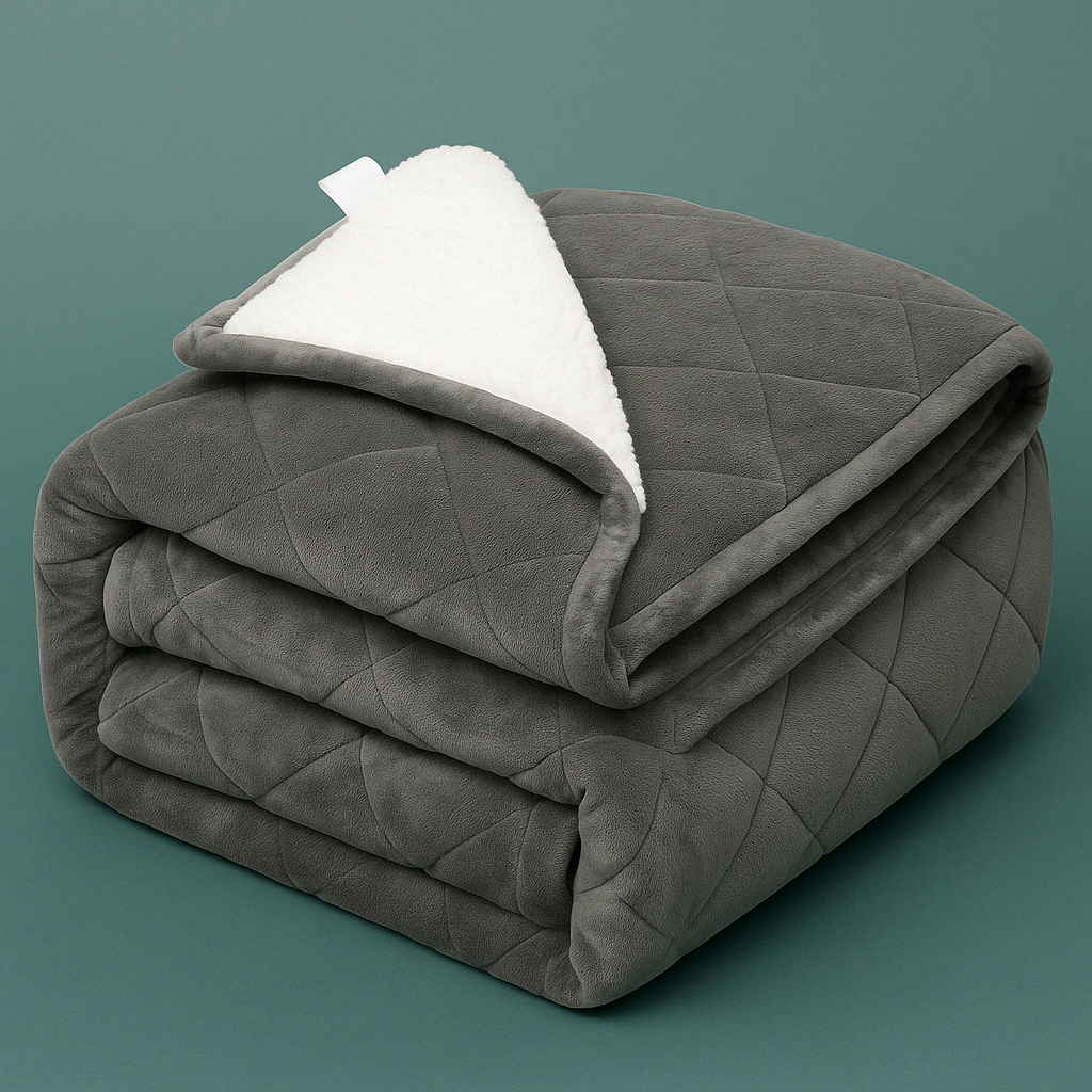 Weighted blanket draped over a bed with soft lighting, creating a cozy and calming atmosphere
