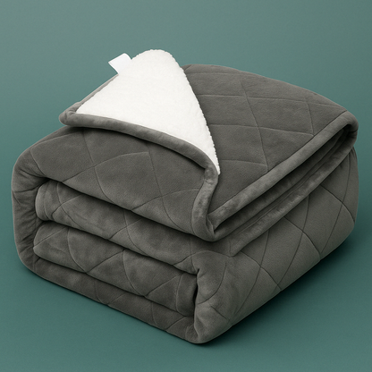 Weighted blanket draped over a bed with soft lighting, creating a cozy and calming atmosphere
