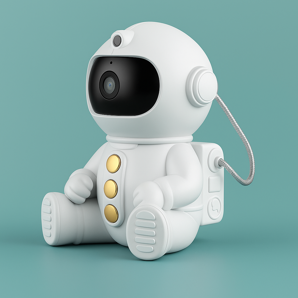 Astronaut-shaped projector casting colorful galaxy lights onto ceiling in dark bedroom
