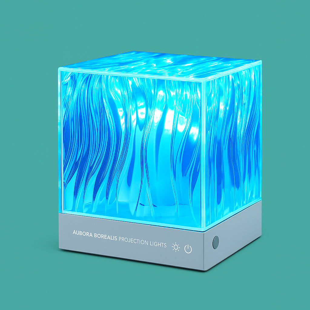 Northern lights projector casting green and blue aurora effects with stars on a dark ceiling
