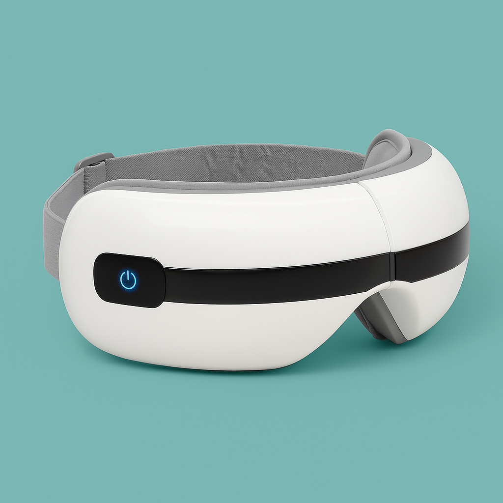 Smart eye massager with built-in controls resting on a table, showing soft lining and adjustable strap
