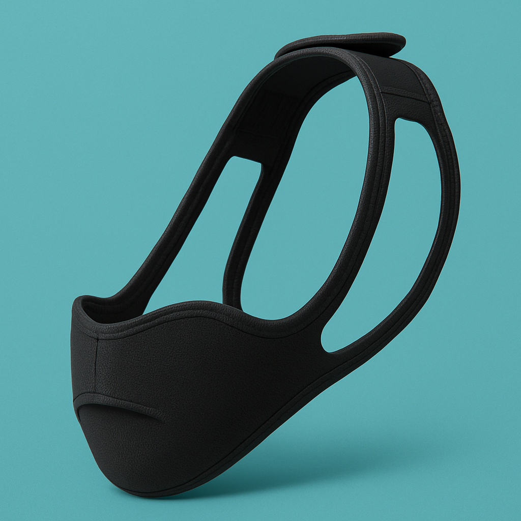 Person wearing anti-snoring chin strap while lying in bed, shown from the side
