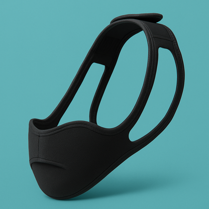 Person wearing anti-snoring chin strap while lying in bed, shown from the side
