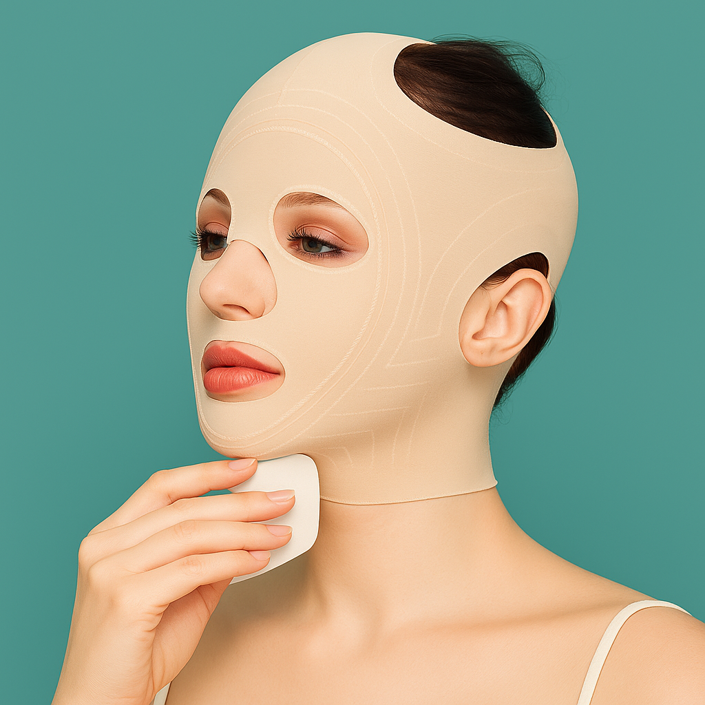 Model wearing a 3D V-line slimming mask that wraps around chin and jaw, in a soft lighting setup
