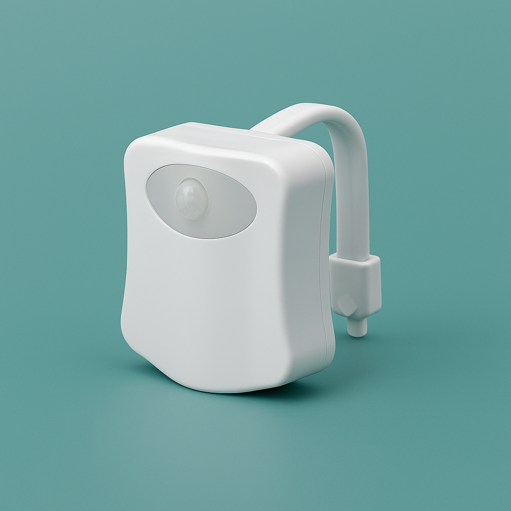 LED toilet night light glowing in soft colors attached to toilet bowl in a dark bathroom
