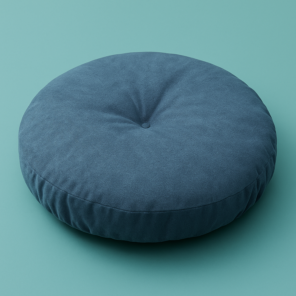 Neutral-colored floor seat cushion placed on a rug in a minimalist room setting
