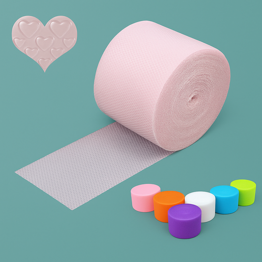 Hands popping bubble paper roll laid out on a desk in a relaxed workspace
