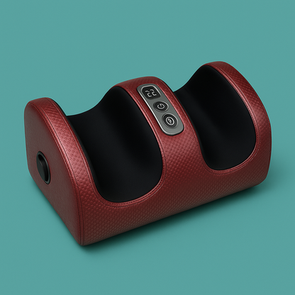 Electric Shiatsu foot massager with heat in use under a desk, showing feet inserted and lights on
