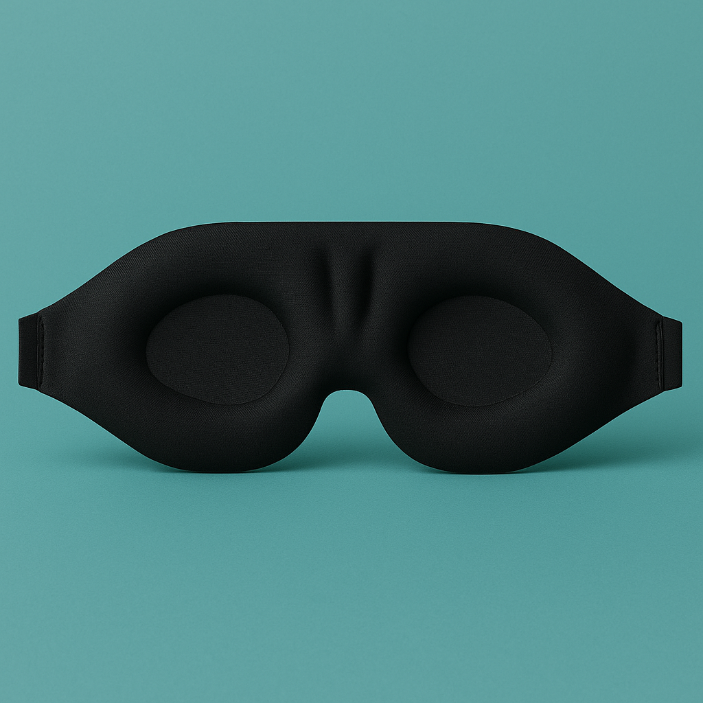 3D contoured sleep mask resting on a pillow, showing raised eye cups and soft material
