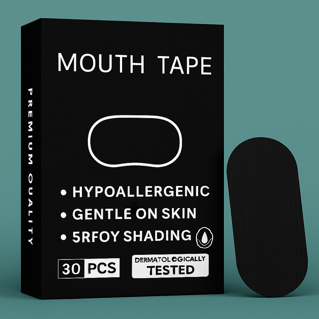 Anti-snoring mouth tape strips laid out with packaging, shown on a nightstand
