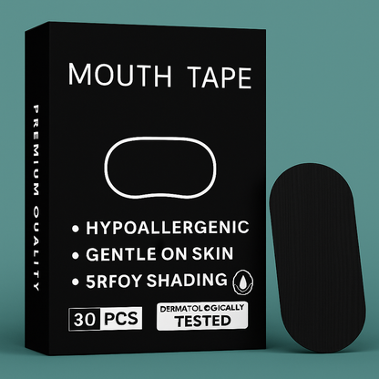 Anti-snoring mouth tape strips laid out with packaging, shown on a nightstand
