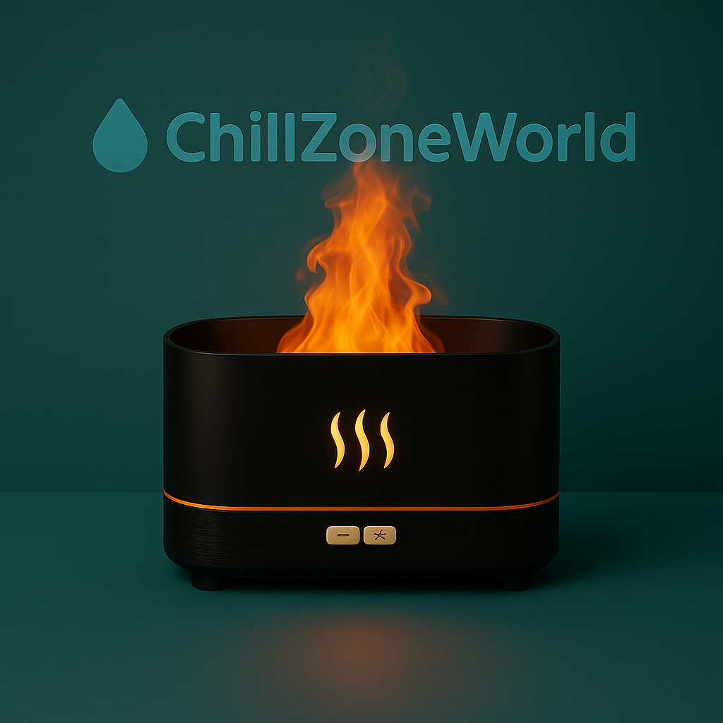 Load video: Video showing flame effect humidifier in action, releasing warm mist with ambient fire-style lighting, ideal for aromatherapy, stress relief, and home relaxation.