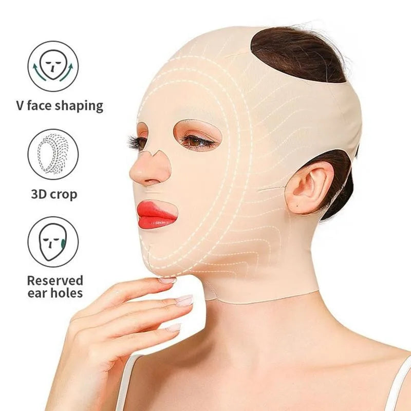 Model wearing a 3D V-line slimming mask that wraps around chin and jaw, in a soft lighting setup

