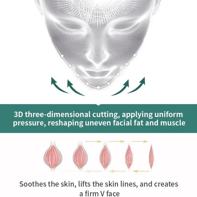 Model wearing a 3D V-line slimming mask that wraps around chin and jaw, in a soft lighting setup
