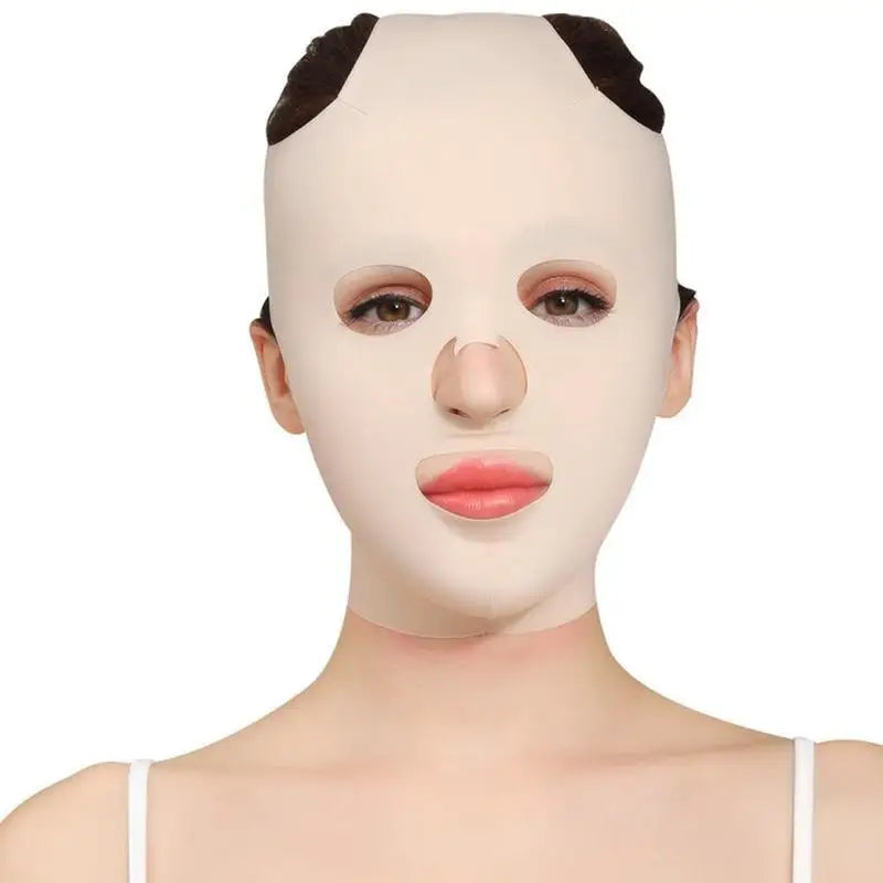 Model wearing a 3D V-line slimming mask that wraps around chin and jaw, in a soft lighting setup
