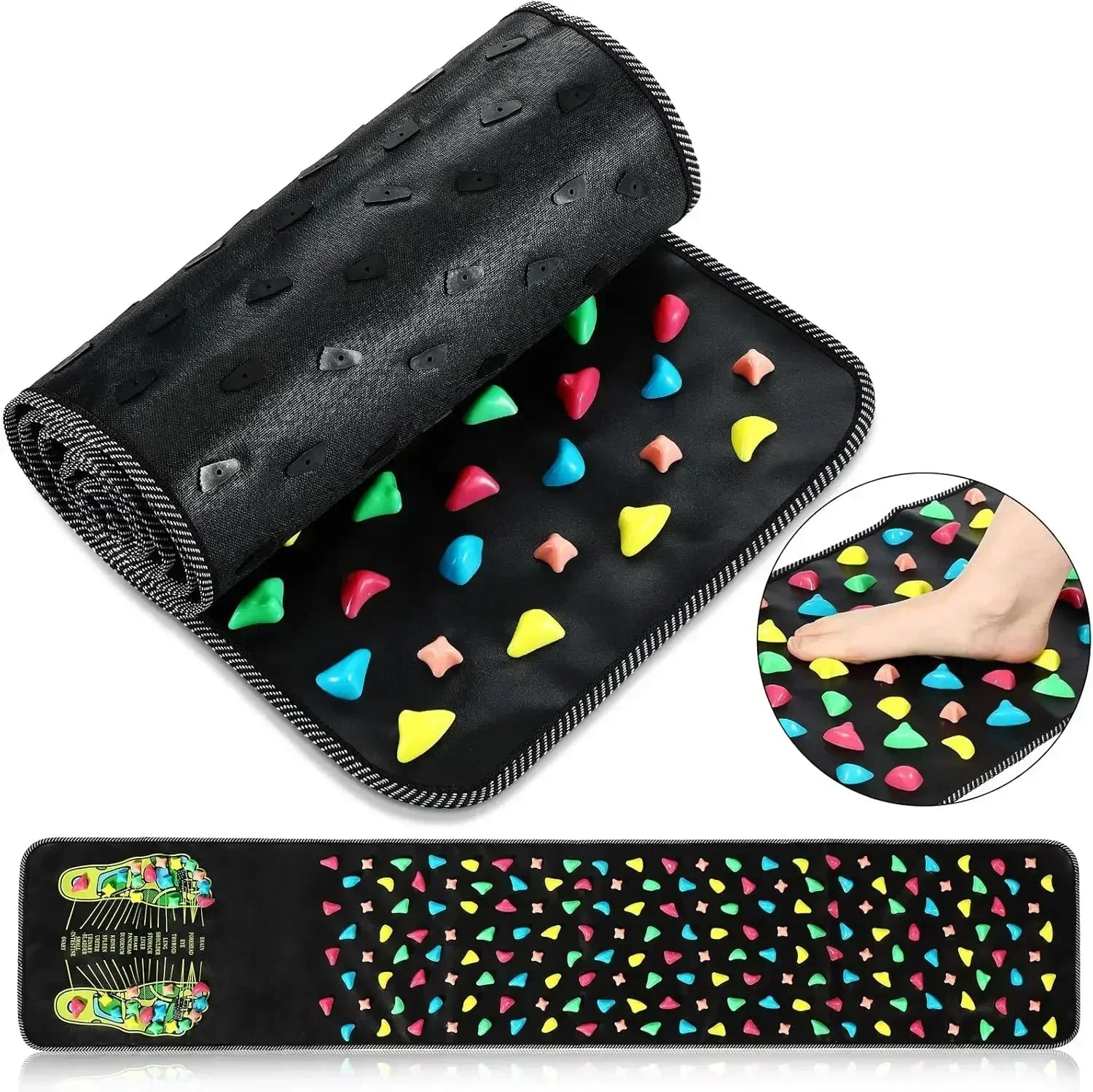 Foot massage pad with acupressure points placed on the floor, with bare feet standing on it

