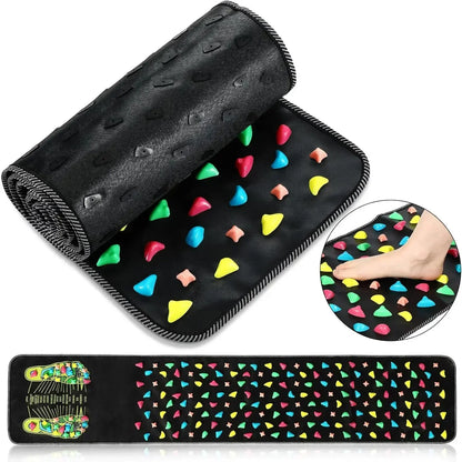 Foot massage pad with acupressure points placed on the floor, with bare feet standing on it

