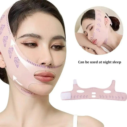 Model wearing a 3D V-line slimming mask that wraps around chin and jaw, in a soft lighting setup
