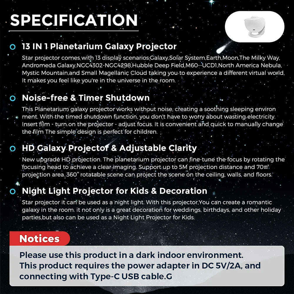 360° rotating galaxy projector casting stars and colors onto ceiling and walls in a dark room
