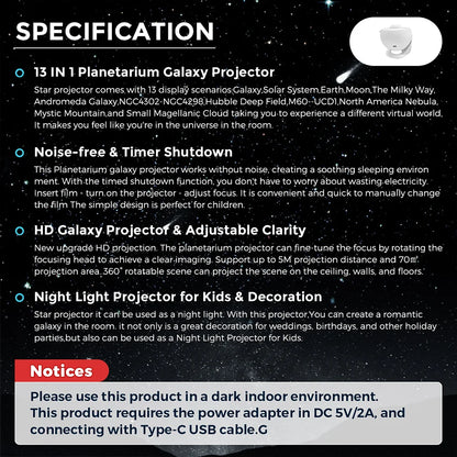 360° rotating galaxy projector casting stars and colors onto ceiling and walls in a dark room
