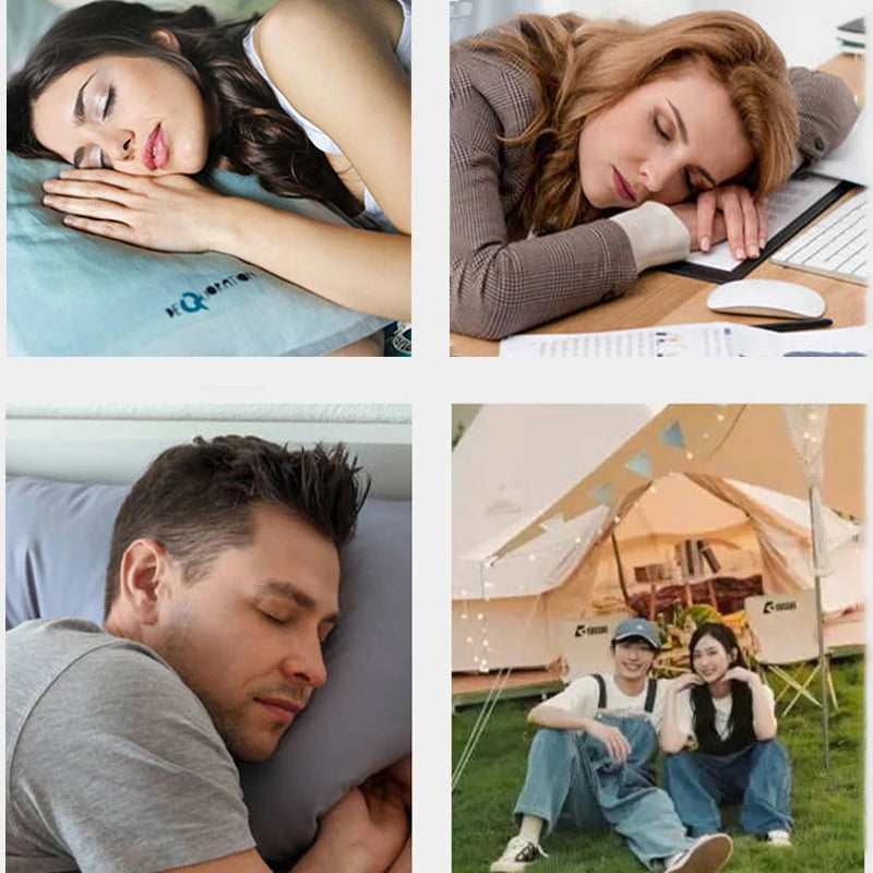 3D contoured sleep mask resting on a pillow, showing raised eye cups and soft material
