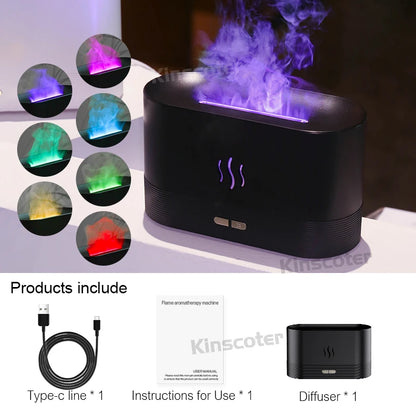 LED flame diffuser releasing mist with a warm, flickering light on a wooden surface
