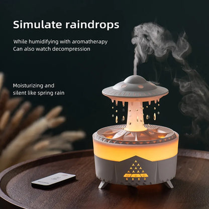 UFO-shaped night light humidifier glowing softly and emitting mist on a bedside table
