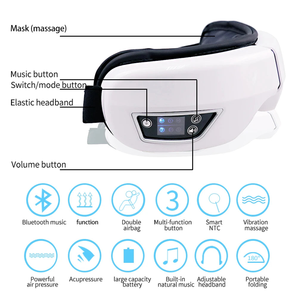 Smart eye massager with built-in controls resting on a table, showing soft lining and adjustable strap
