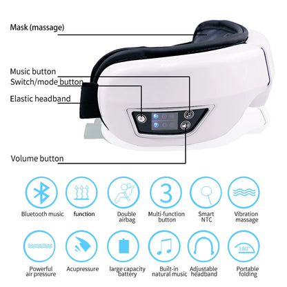 Smart eye massager with built-in controls resting on a table, showing soft lining and adjustable strap
