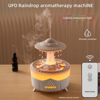 UFO-shaped night light humidifier glowing softly and emitting mist on a bedside table
