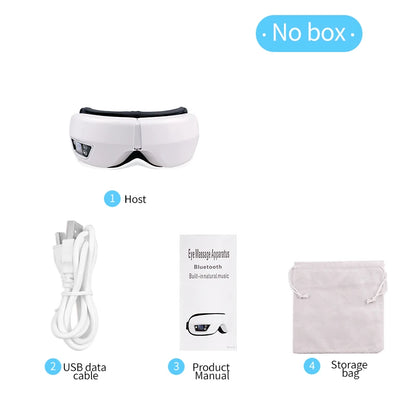 Smart eye massager with built-in controls resting on a table, showing soft lining and adjustable strap
