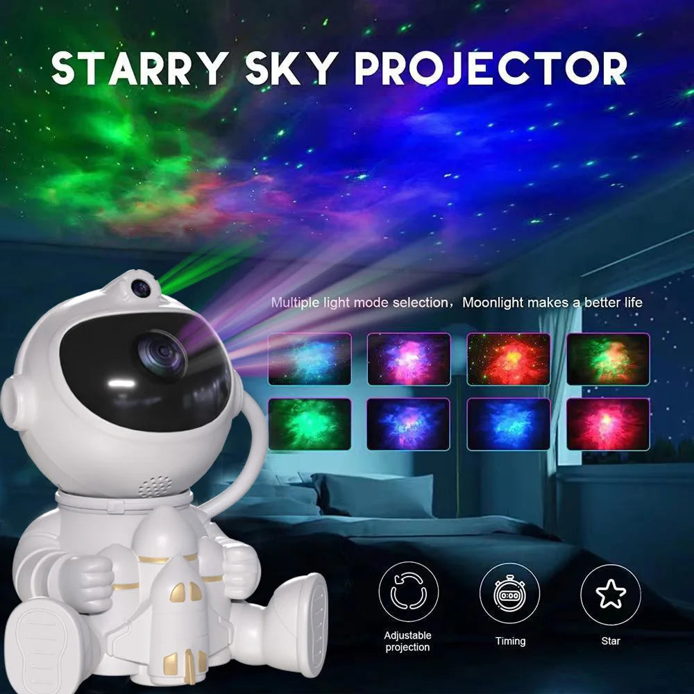 Astronaut-shaped projector casting colorful galaxy lights onto ceiling in dark bedroom
