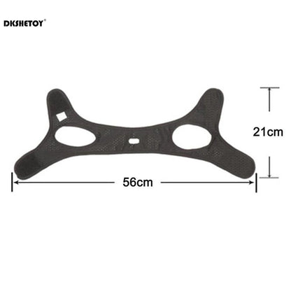 Person wearing anti-snoring chin strap while lying in bed, shown from the side
