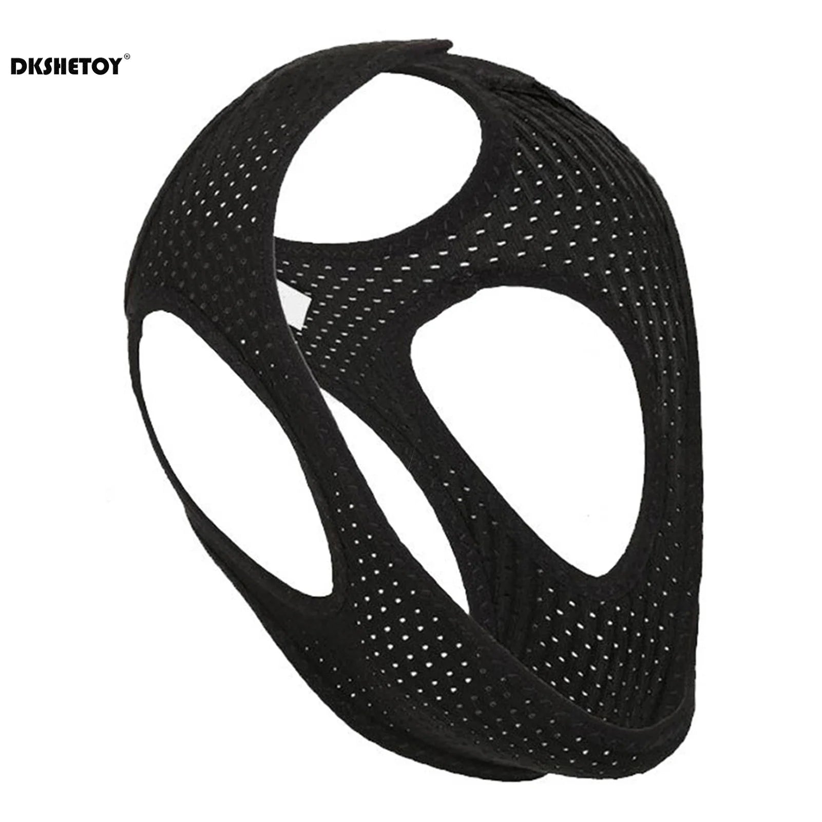 Person wearing anti-snoring chin strap while lying in bed, shown from the side
