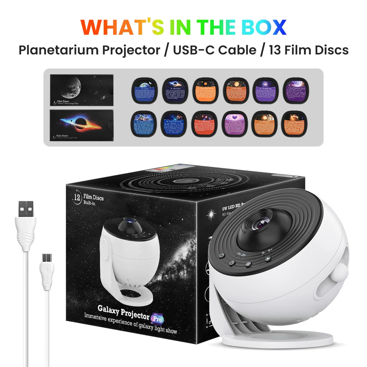 360° rotating galaxy projector casting stars and colors onto ceiling and walls in a dark room
