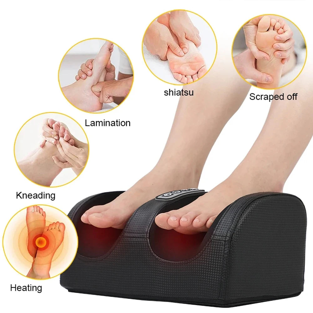Electric Shiatsu foot massager with heat in use under a desk, showing feet inserted and lights on
