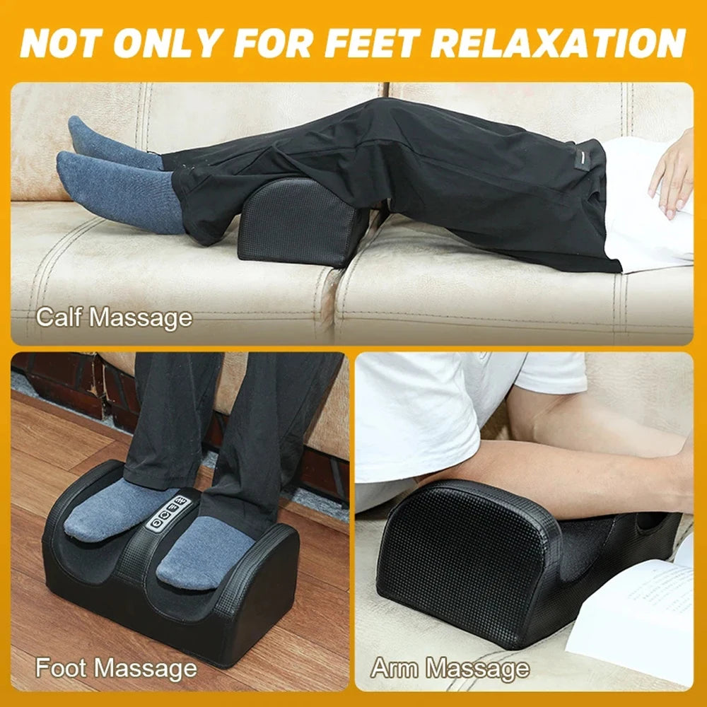 Electric Shiatsu foot massager with heat in use under a desk, showing feet inserted and lights on
