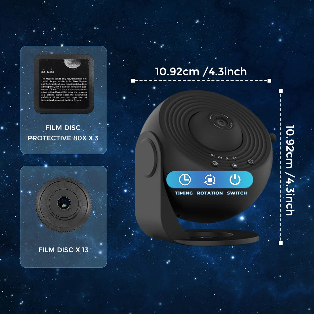 360° rotating galaxy projector casting stars and colors onto ceiling and walls in a dark room
