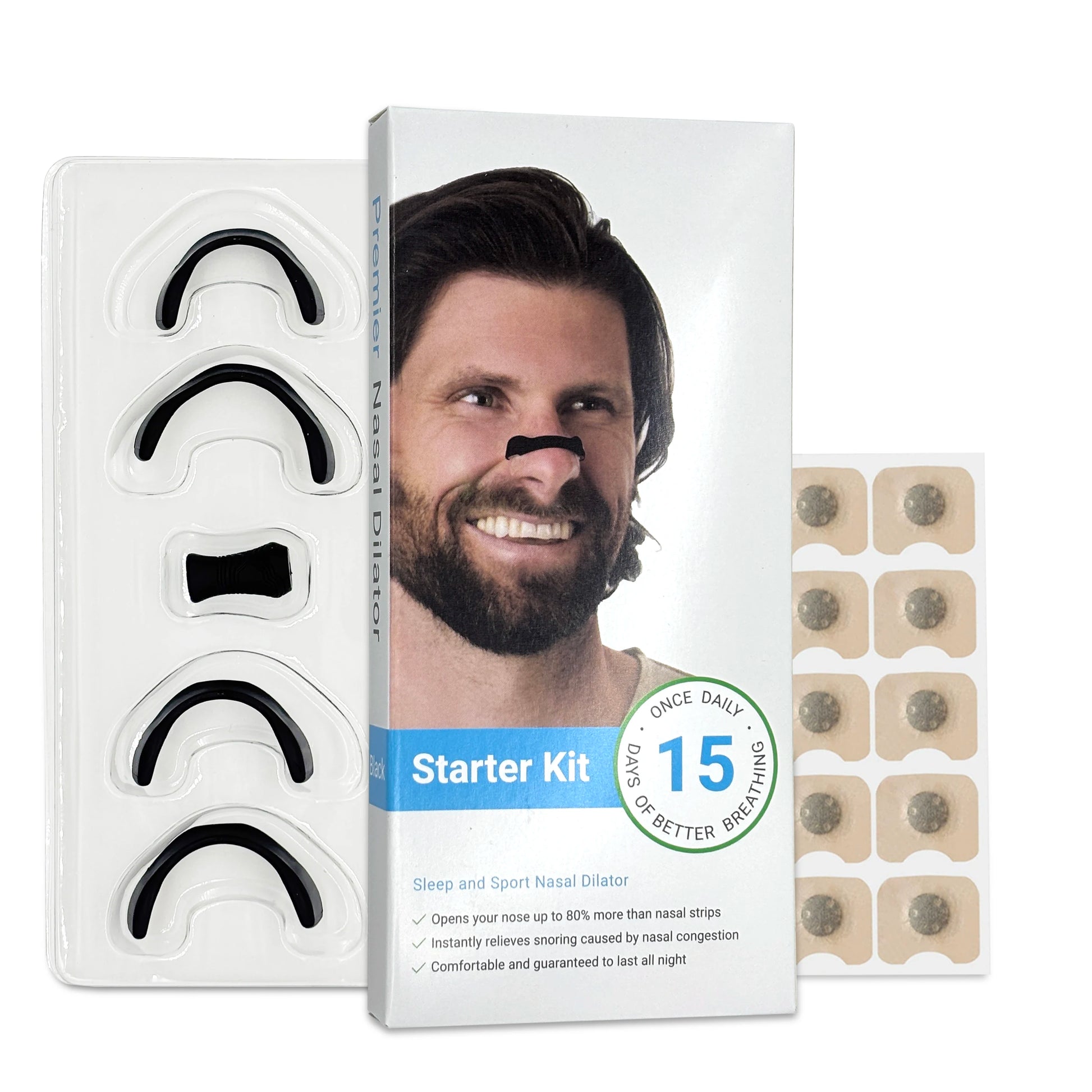 Set of magnetic nasal dilators in storage case, arranged neatly on a white background
