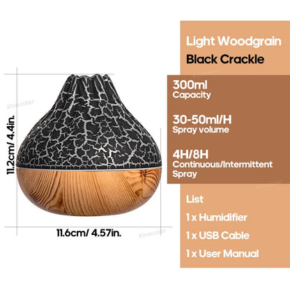 Volcano diffuser with glowing lava-like light and mist on a tabletop
