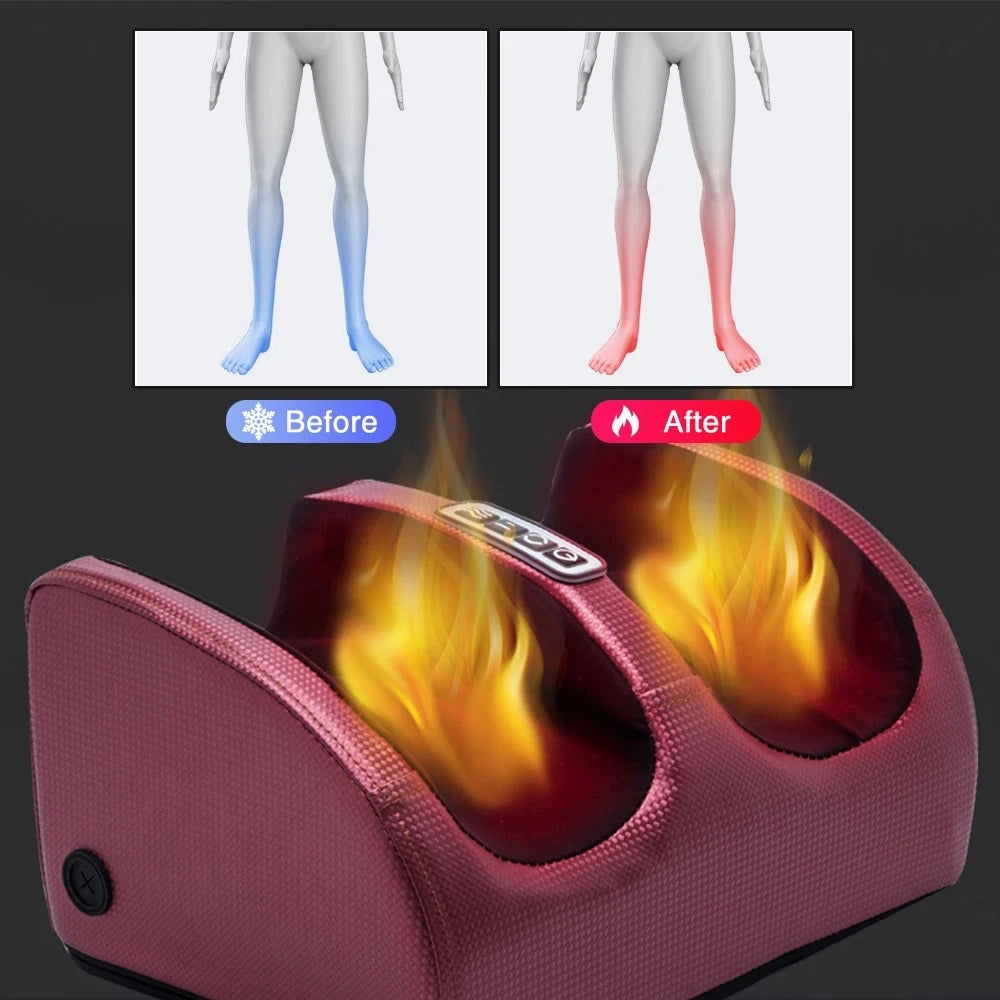 Electric Shiatsu foot massager with heat in use under a desk, showing feet inserted and lights on

