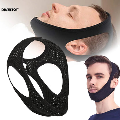 Person wearing anti-snoring chin strap while lying in bed, shown from the side
